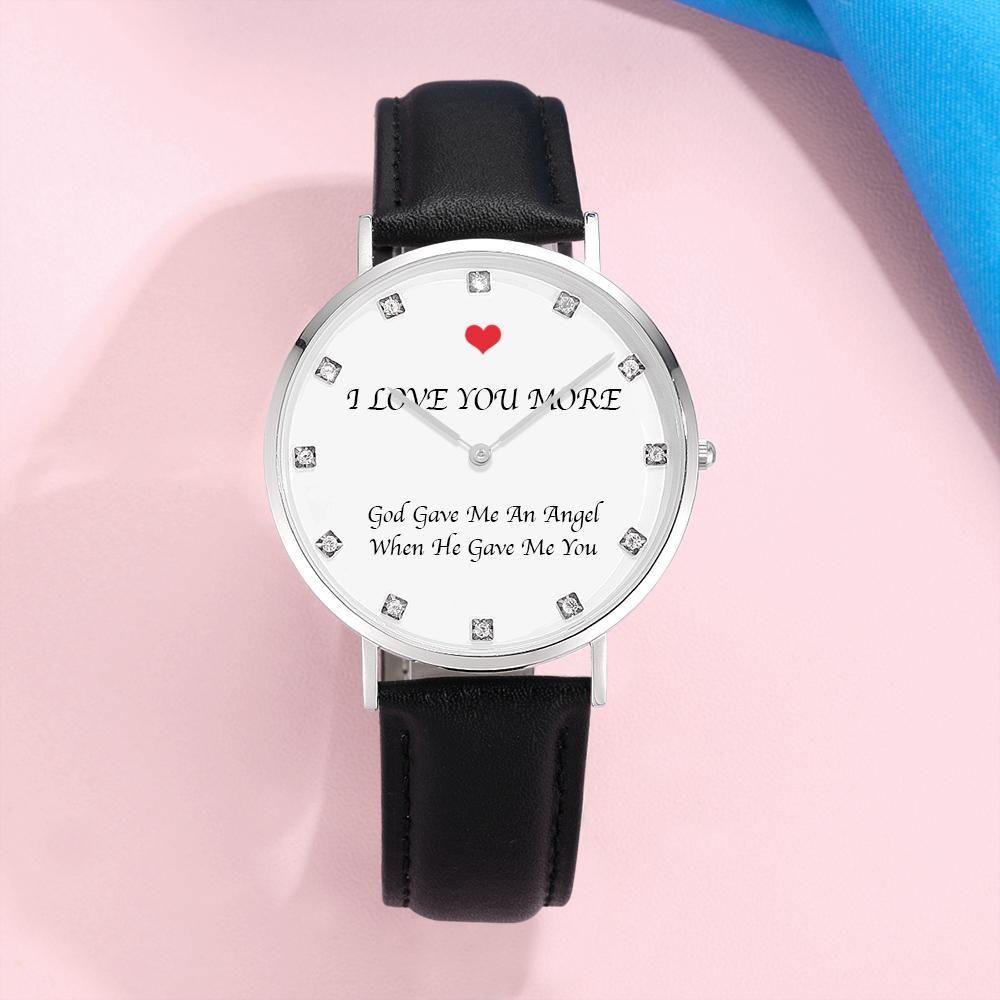 Custom Photo Engraved Watch Black Leather Strap Anniversary Gifts for Her