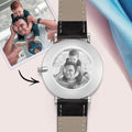 Custom Photo Engraved Watch Black Leather Strap Anniversary Gifts for Her