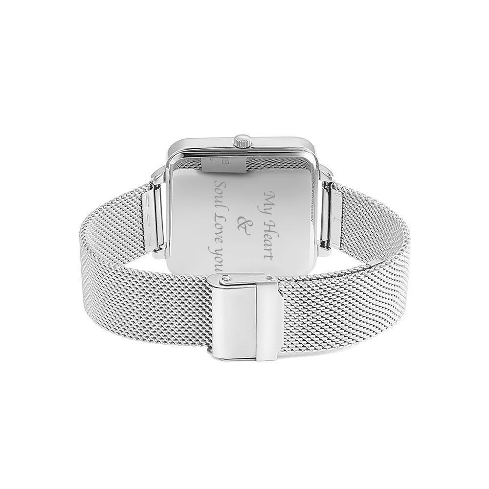 Engraved Photo Watch - Silver Square Case Watch Sketch for Boyfriend/Father