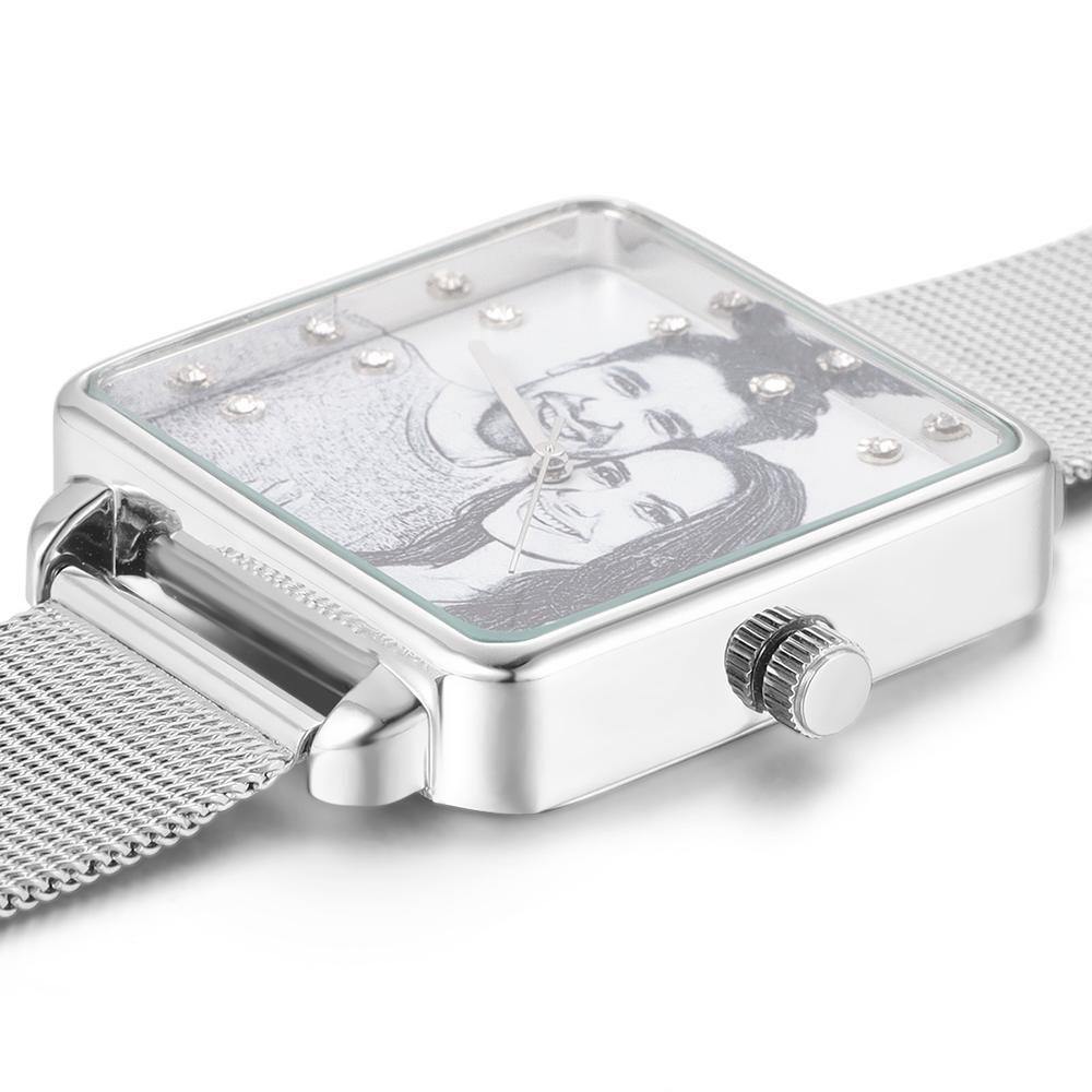 Engraved Photo Watch - Silver Square Case Watch Sketch for Boyfriend/Father