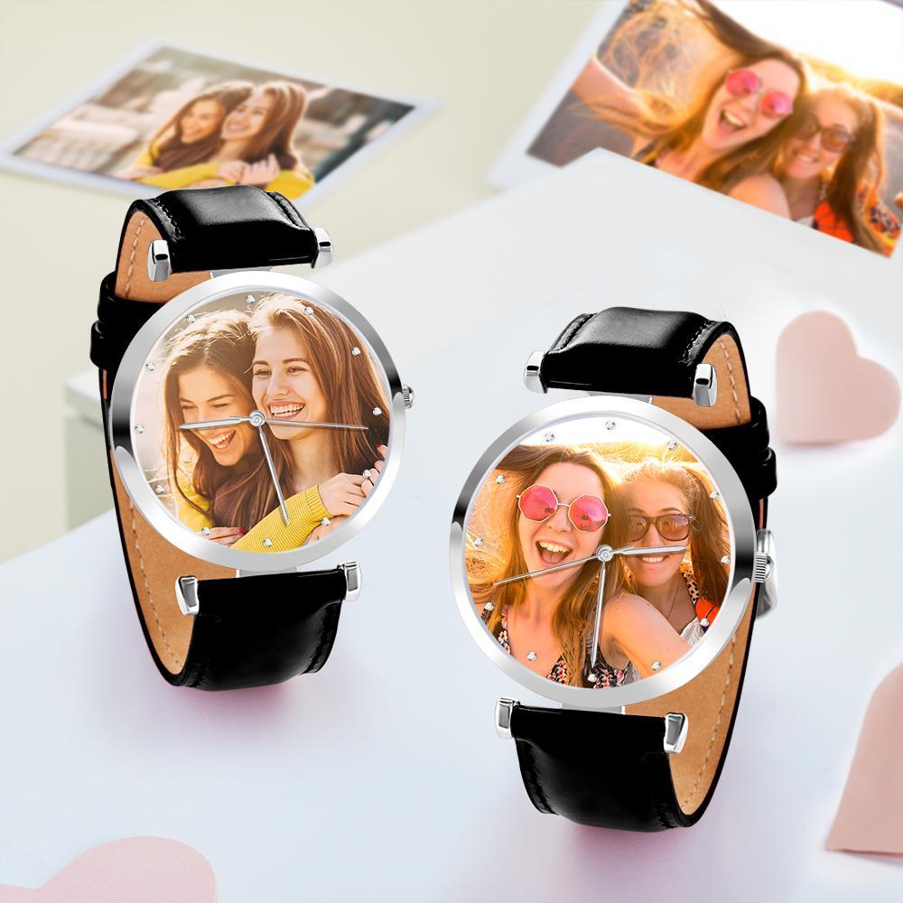 Custom Photo Engraved Watch Black Leather Strap Unique Gifts Men's