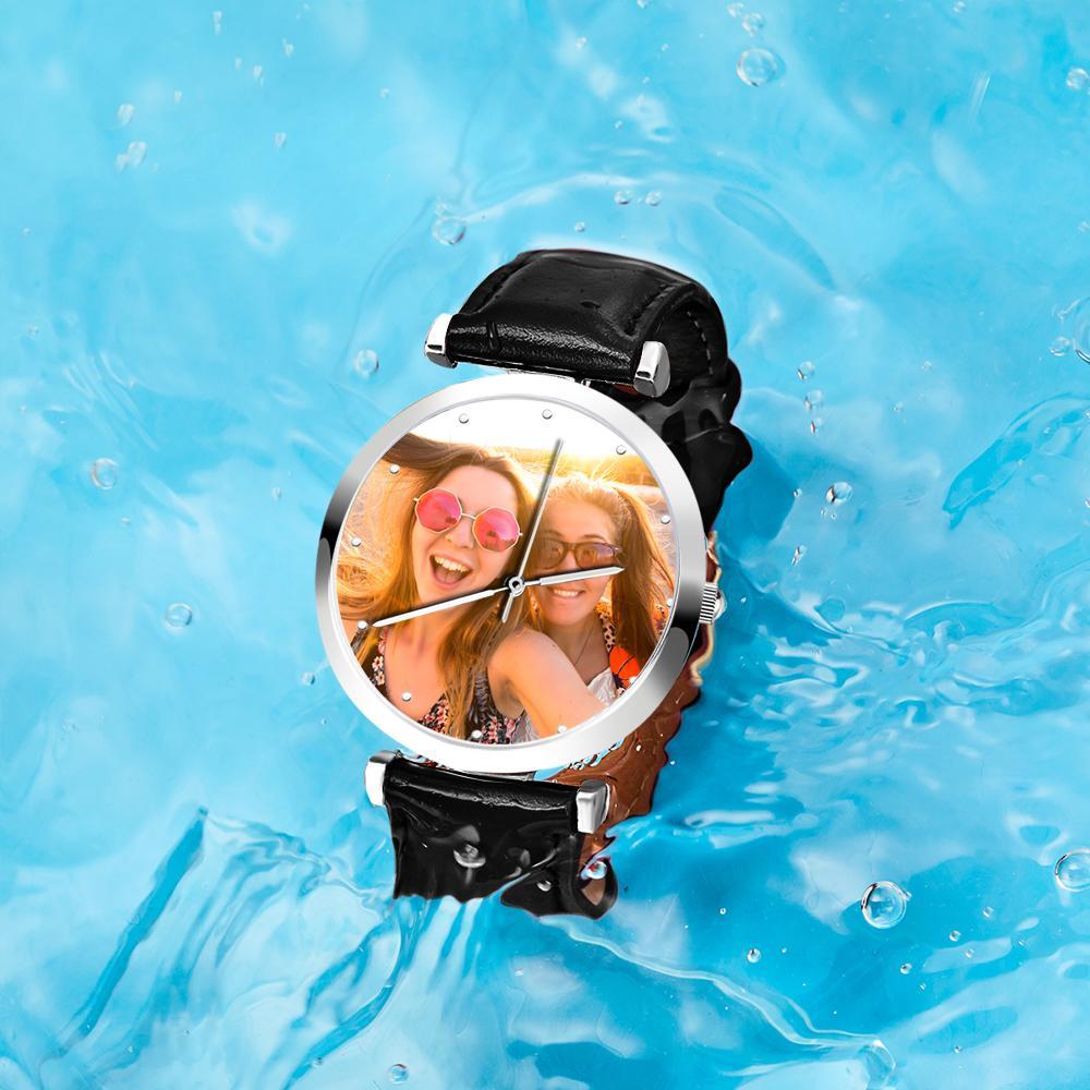 Custom Photo Engraved Watch Black Leather Strap Unique Gifts Men's
