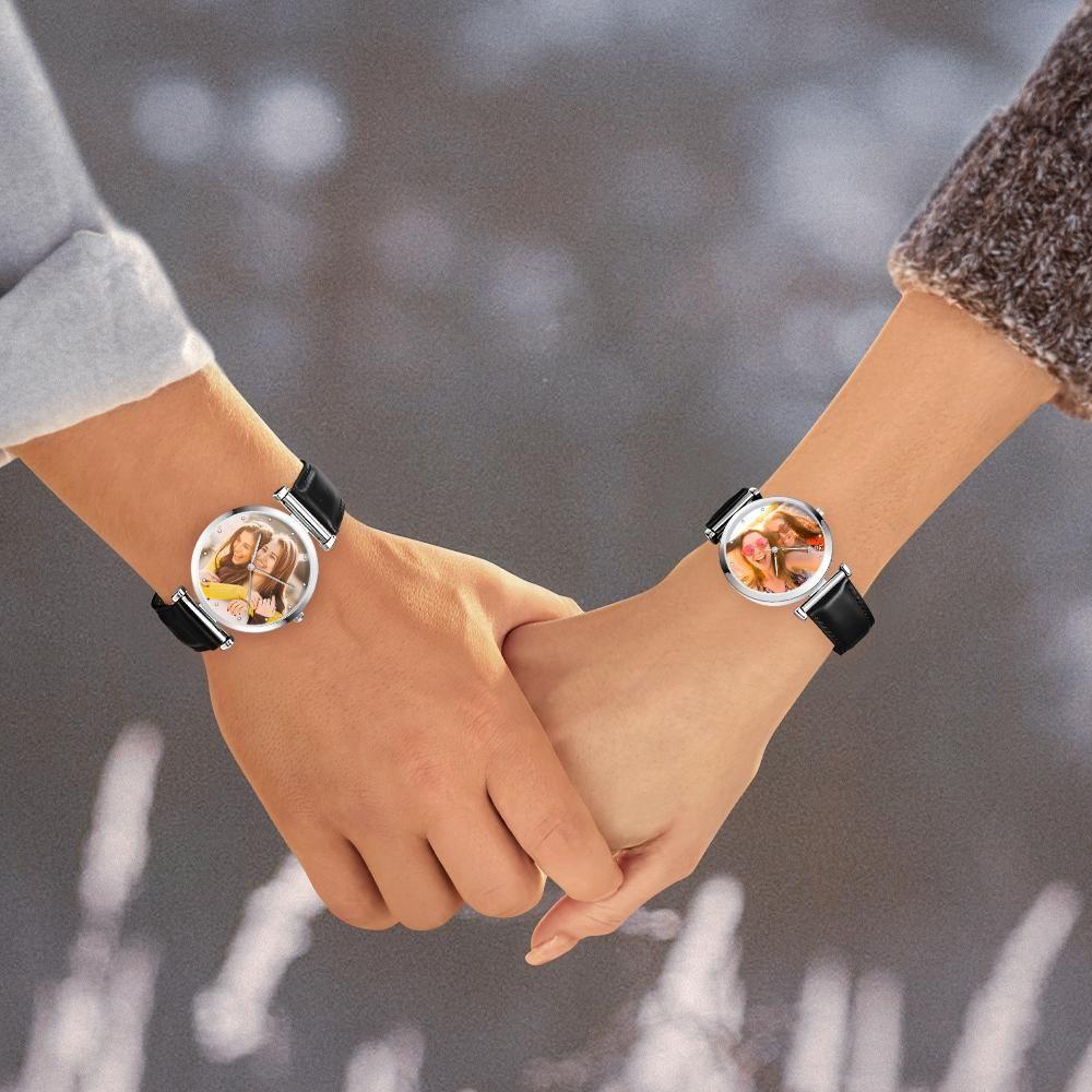 Custom Photo Engraved Watch Black Leather Strap Unique Gifts Men's