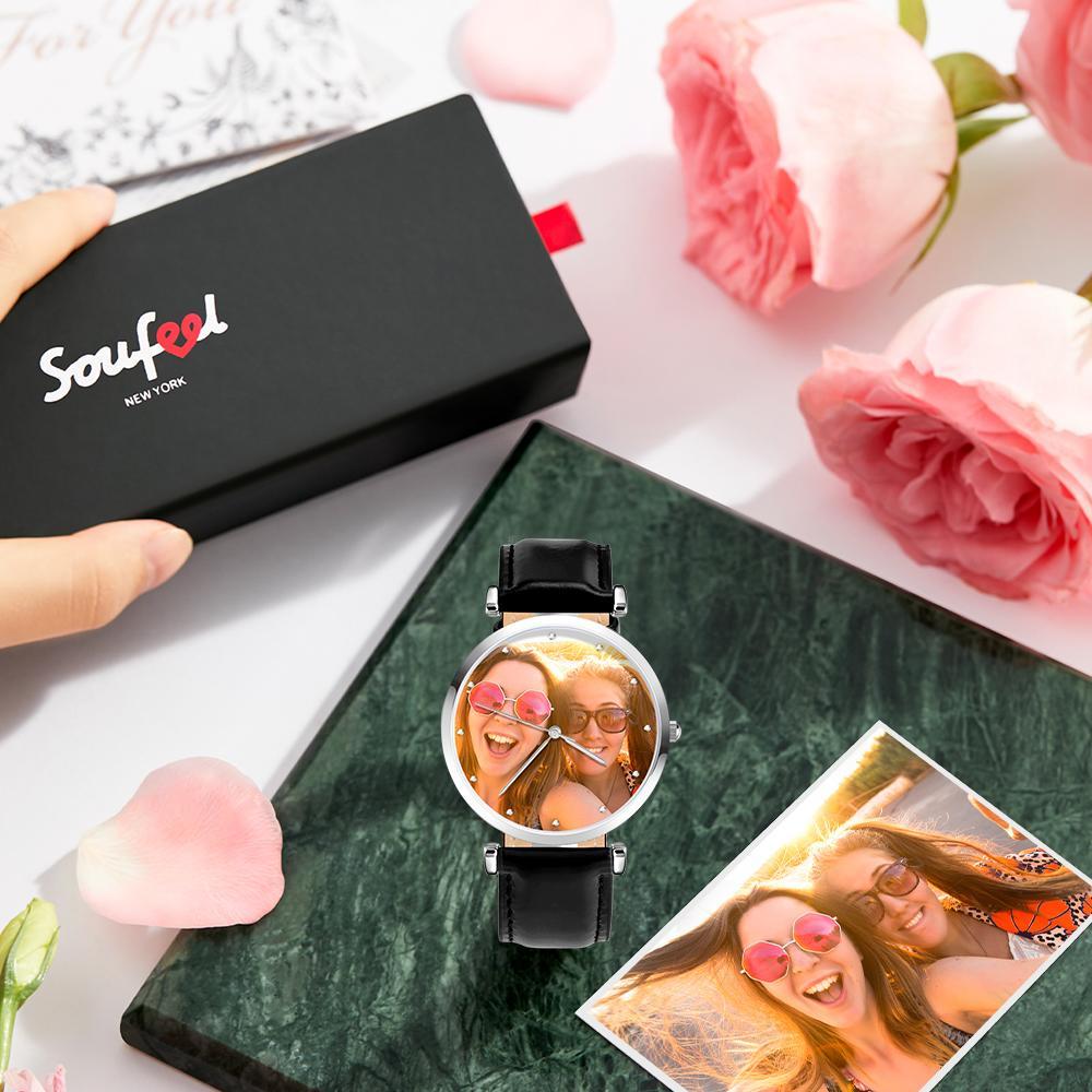 Custom Photo Engraved Watch Black Leather Strap Unique Gifts Men's