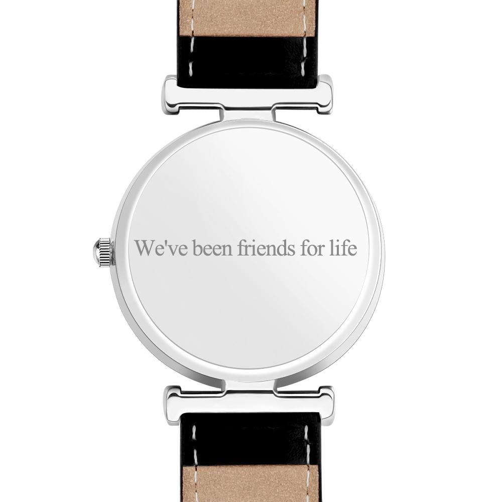 Custom Photo Engraved Watch Black Leather Strap Unique Gifts Men's