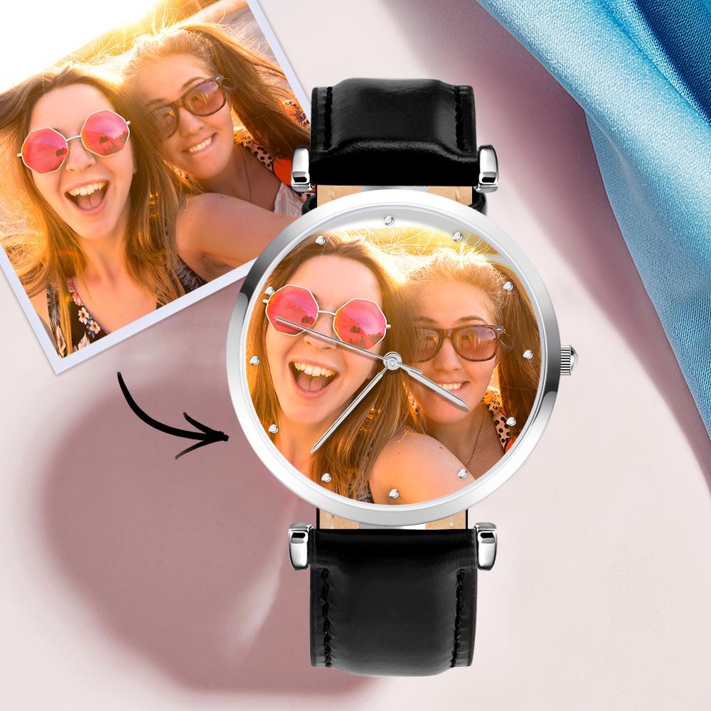 Custom Photo Engraved Watch Black Leather Strap Unique Gifts Men's