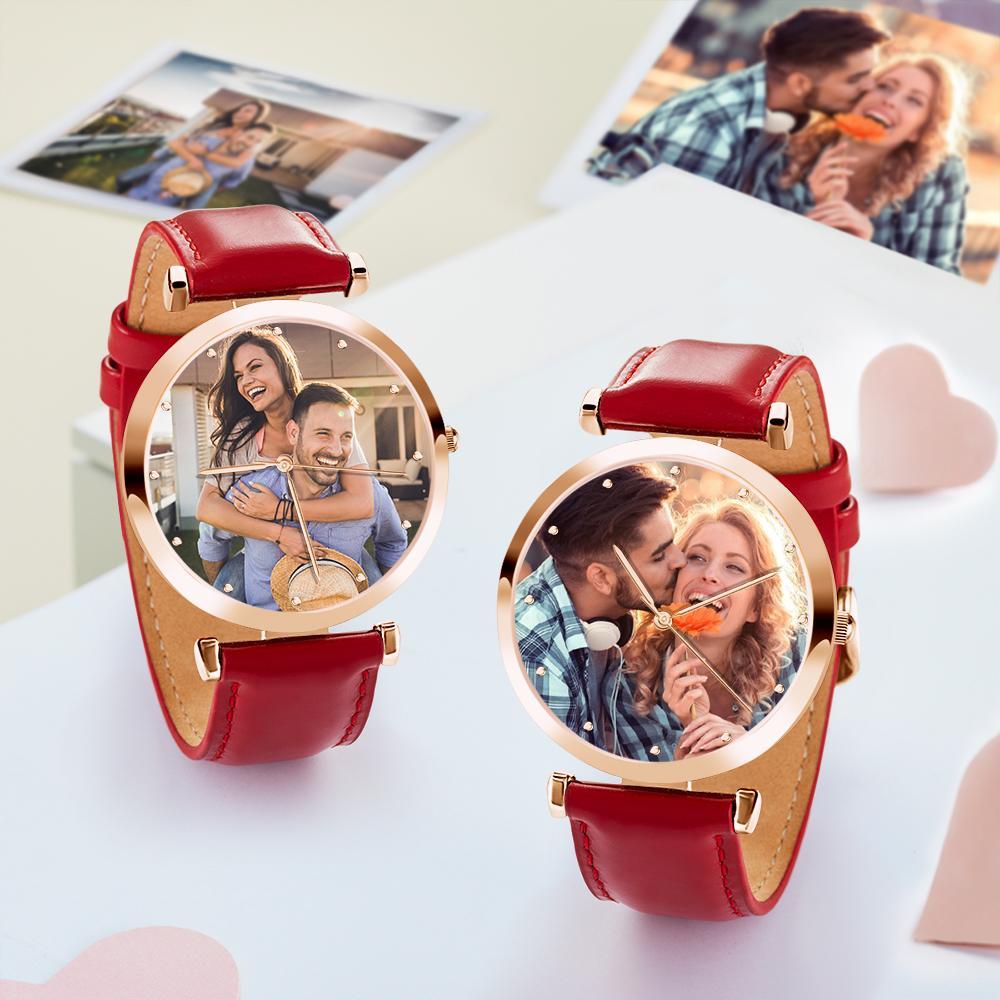 Photo Engraved Watch Red Leather Strap for Men's