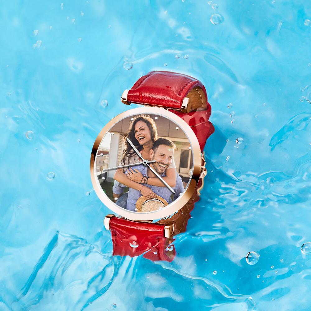 Photo Engraved Watch Red Leather Strap for Men's