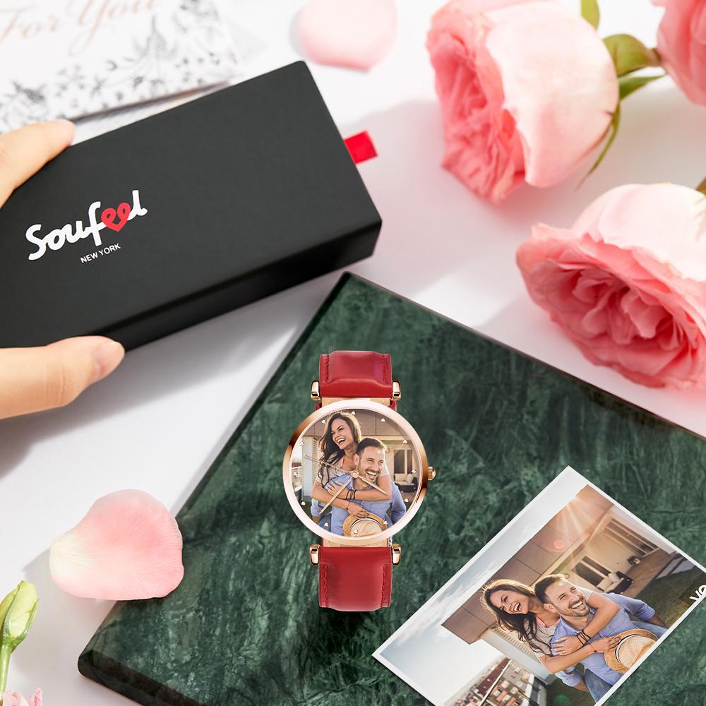 Photo Engraved Watch Red Leather Strap for Men's