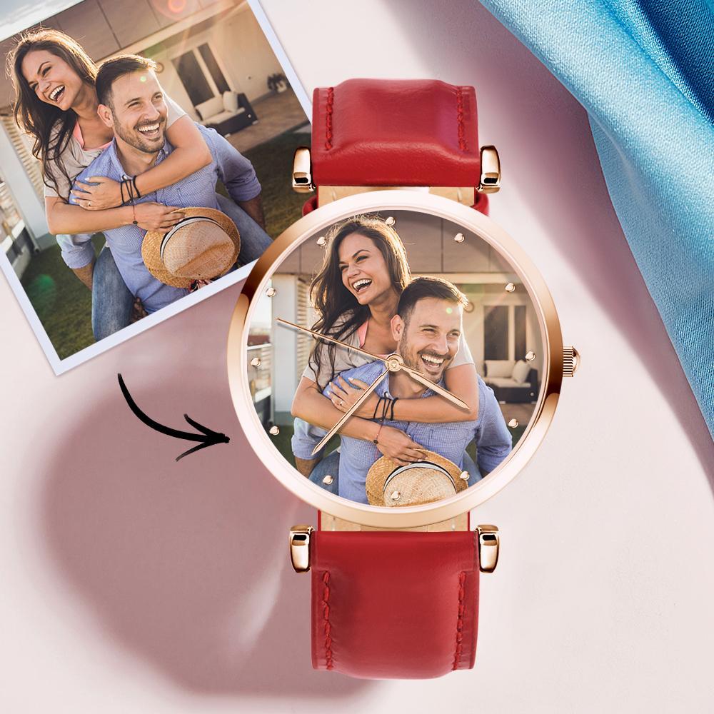 Photo Engraved Watch Red Leather Strap for Men's