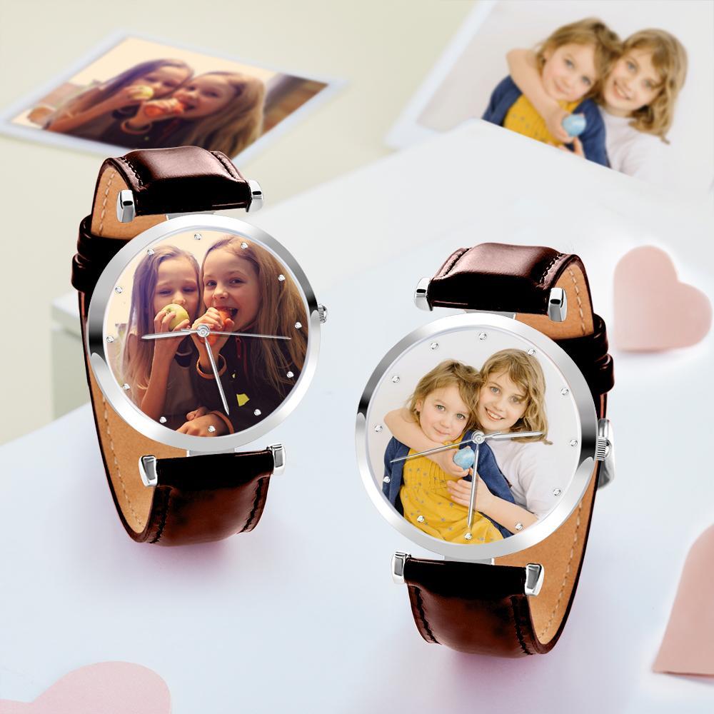 Photo Engraved Watch Brown Leather Strap for Men's Creative Gifts