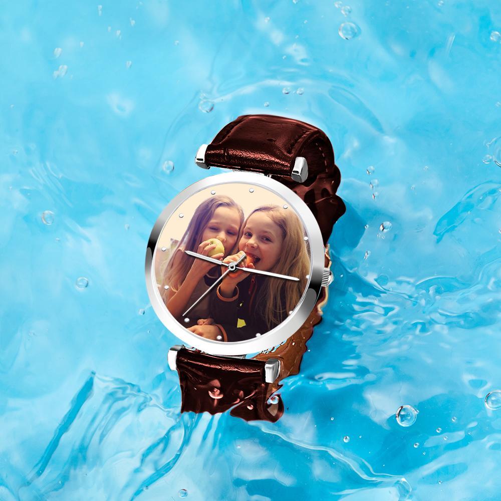 Photo Engraved Watch Brown Leather Strap for Men's Creative Gifts
