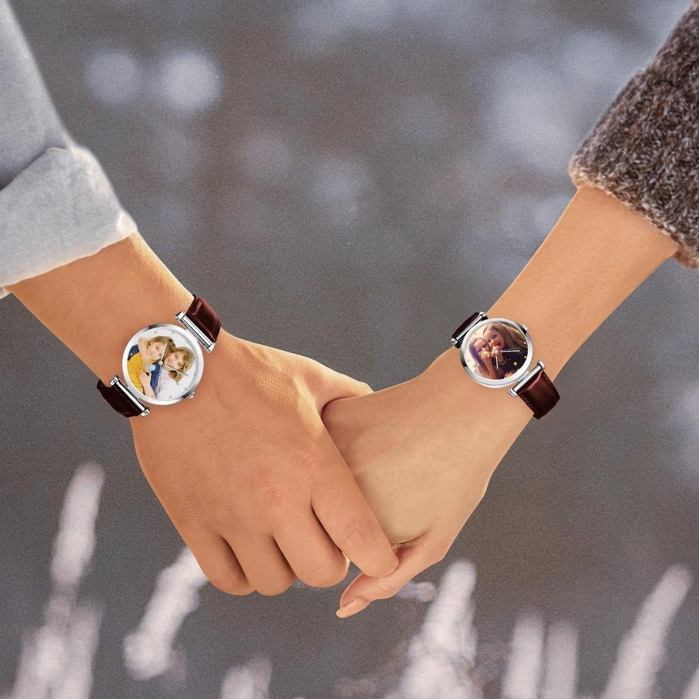 Photo Engraved Watch Brown Leather Strap for Men's Creative Gifts
