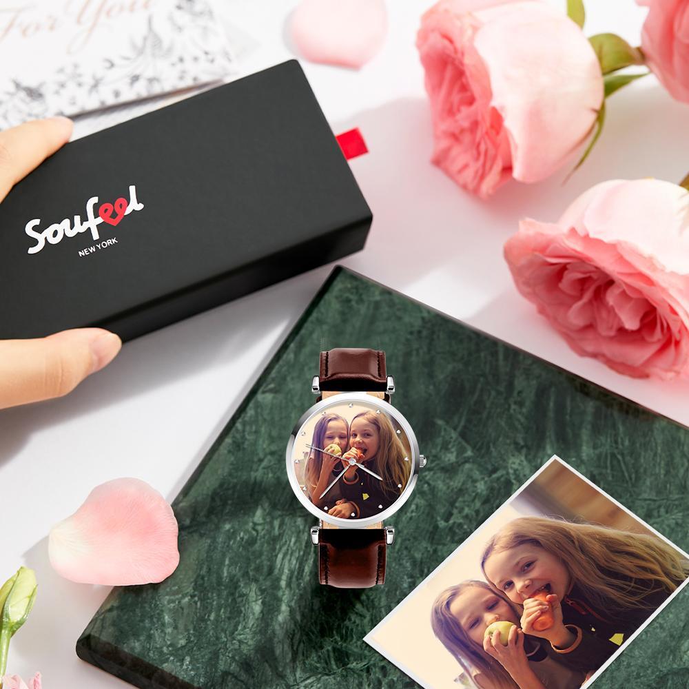 Photo Engraved Watch Brown Leather Strap for Men's Creative Gifts