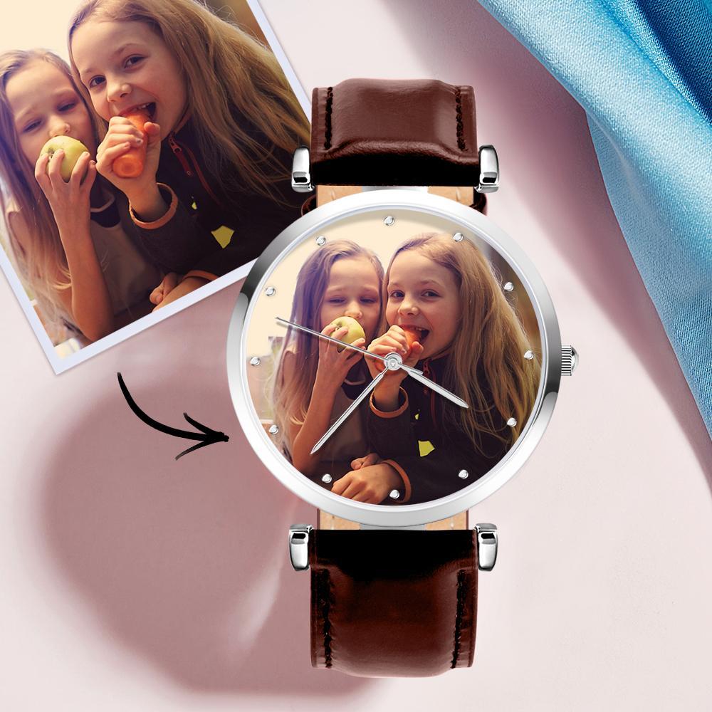 Photo Engraved Watch Brown Leather Strap for Men's Creative Gifts