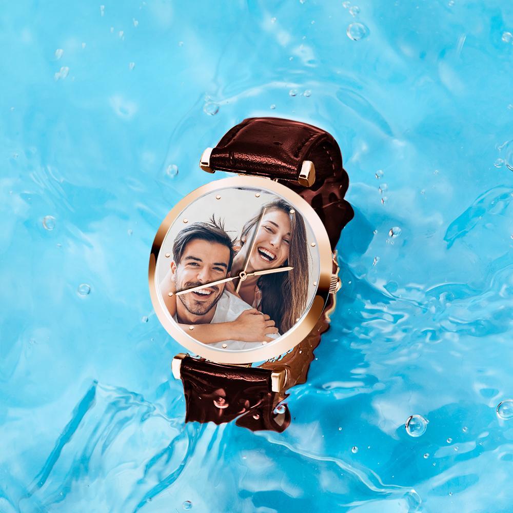 Photo Engraved Watch Brown Leather Strap for Men's Memorial Gifts