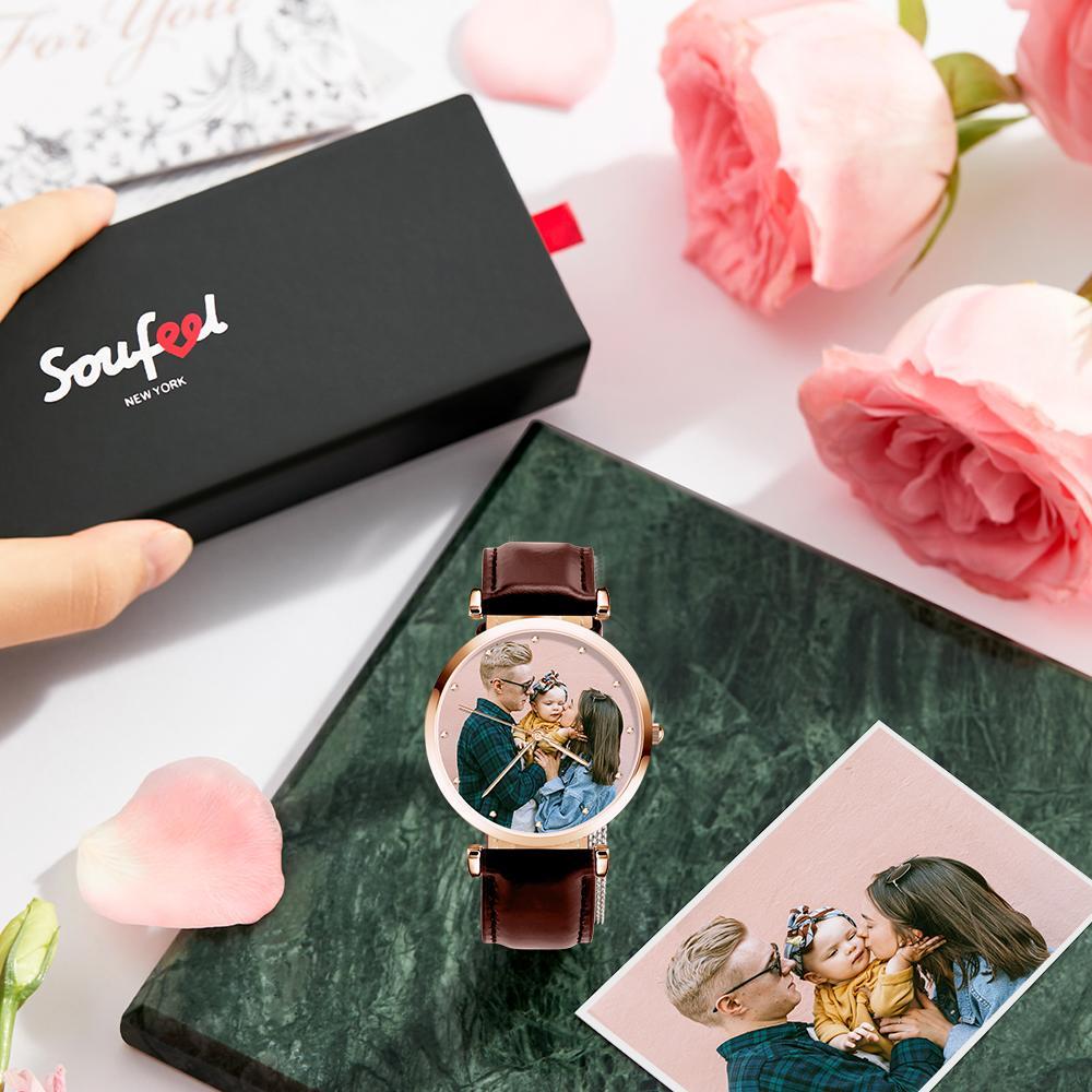 Photo Engraved Watch Brown Leather Strap for Men's Memorial Gifts