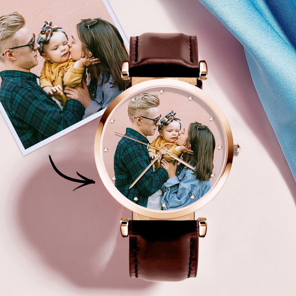 Photo Engraved Watch Brown Leather Strap for Men's Memorial Gifts