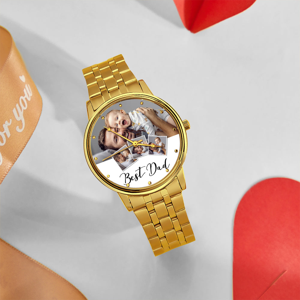 Personalized Engraved Photo Watch Men's Black Alloy Bracelet Photo Watch Father's Day Gifts For Dad