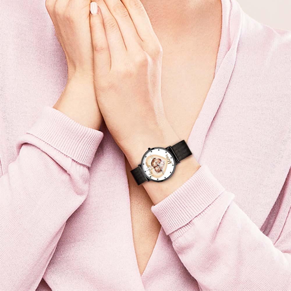 Personalized Heart Engraved Photo Watches With Alloy Strap Mother's Day Gift For Mom