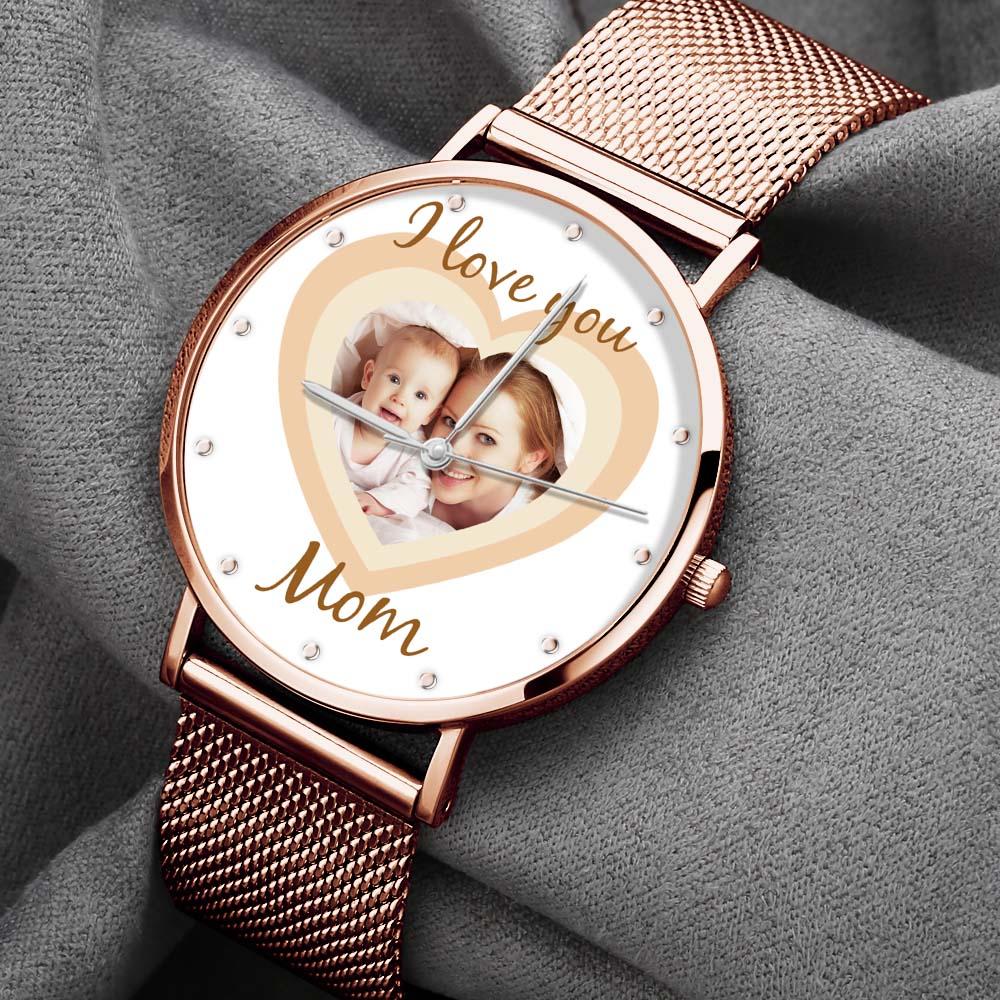 Personalized Heart Engraved Photo Watches With Alloy Strap Mother's Day Gift For Mom