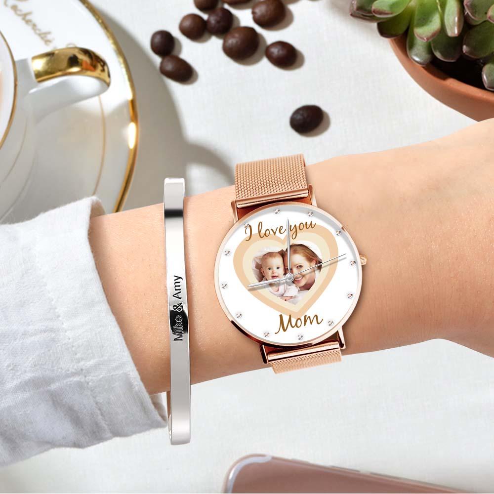 Personalized Heart Engraved Photo Watches With Alloy Strap Mother's Day Gift For Mom
