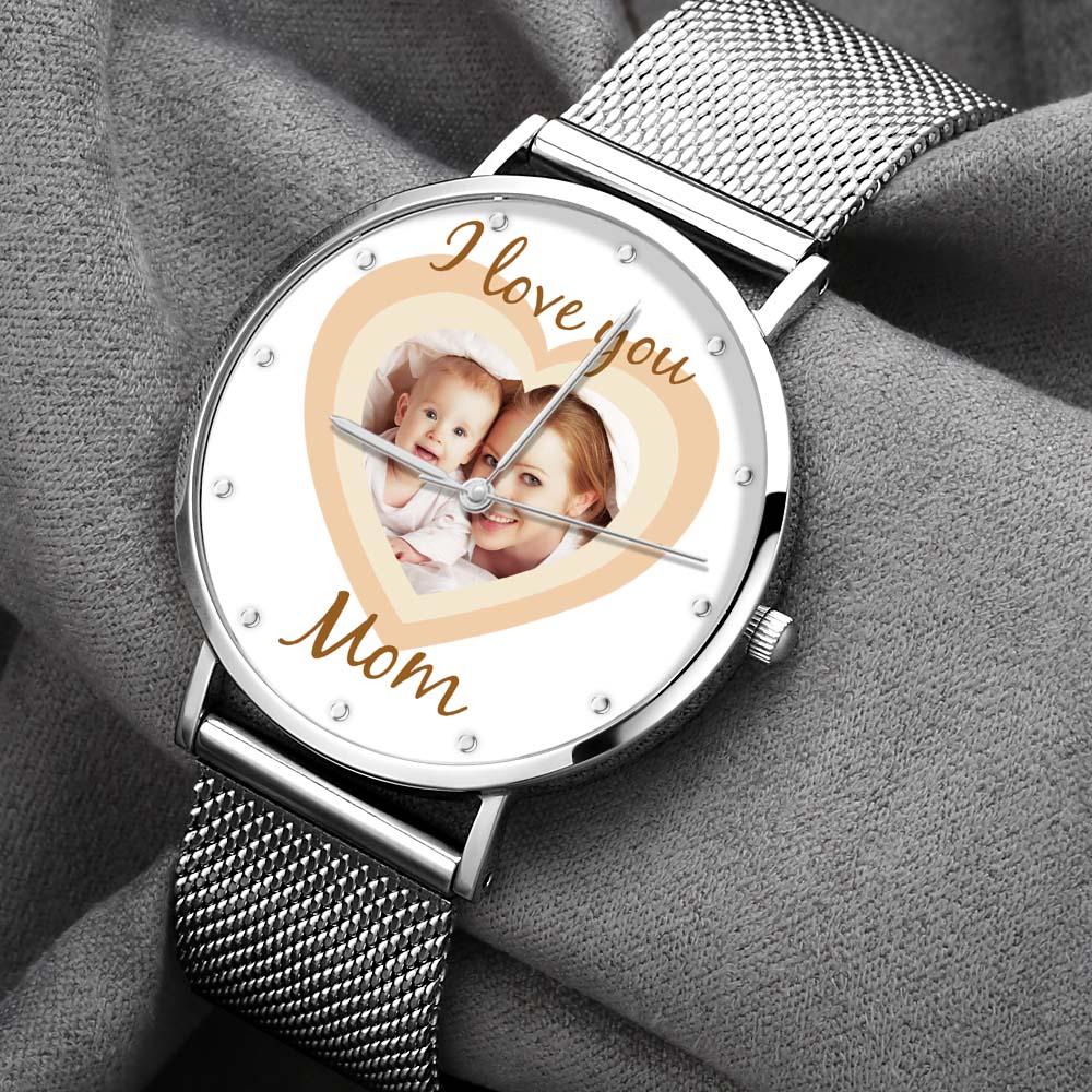Personalized Heart Engraved Photo Watches With Alloy Strap Mother's Day Gift For Mom