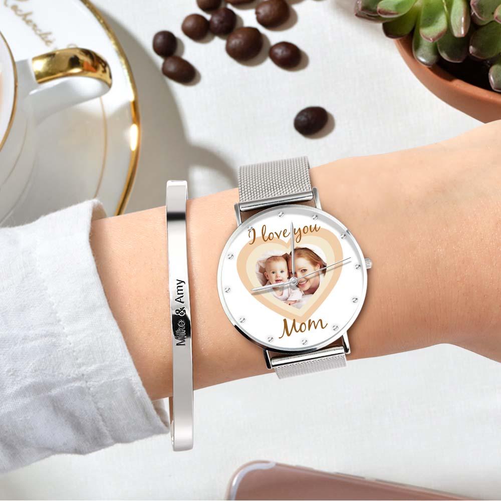 Personalized Heart Engraved Photo Watches With Alloy Strap Mother's Day Gift For Mom