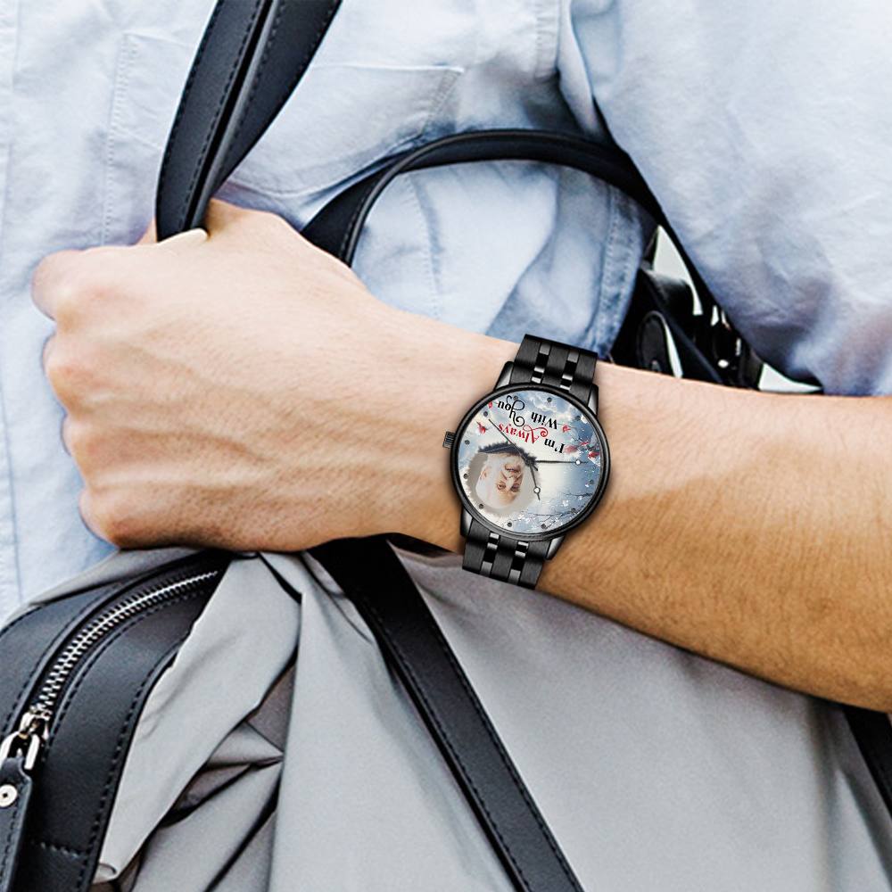 Engraved Men's Black Alloy Bracelet Photo Watch I'm Always With You Memorial Gift For Him