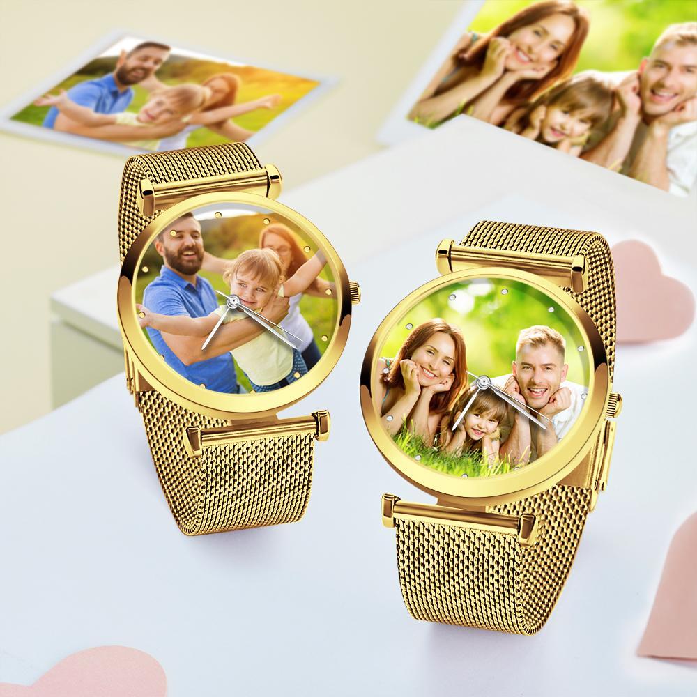 Engraved Photo Watch Alloy Bracelet Strap Golden 41mm Men's