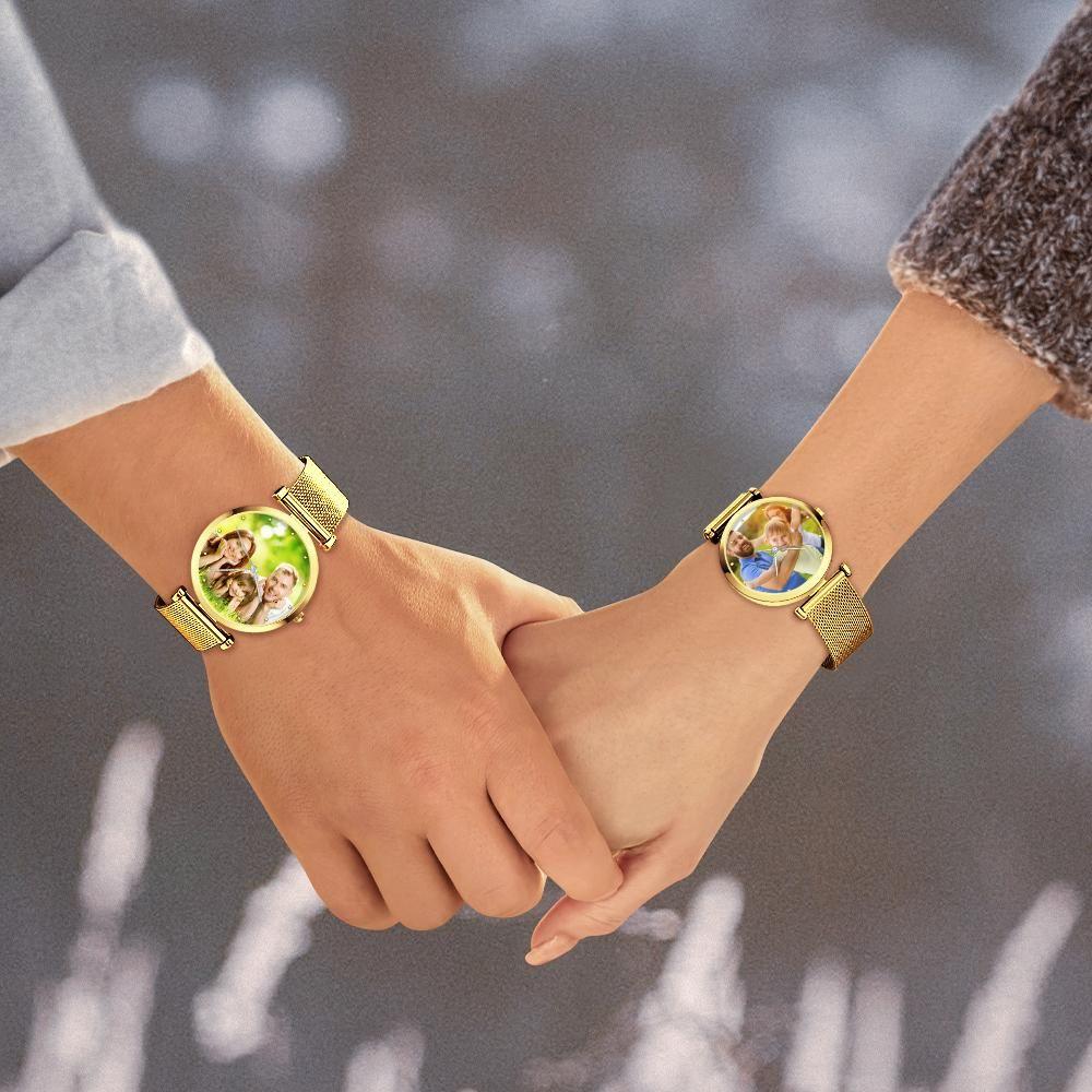 Engraved Photo Watch Alloy Bracelet Strap Golden 41mm Men's