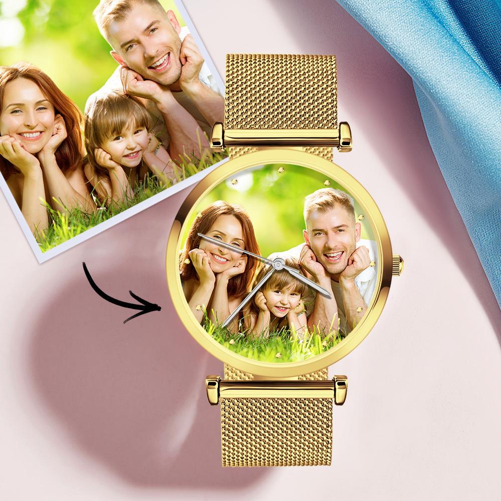Engraved Photo Watch Alloy Bracelet Strap Golden 41mm Men's