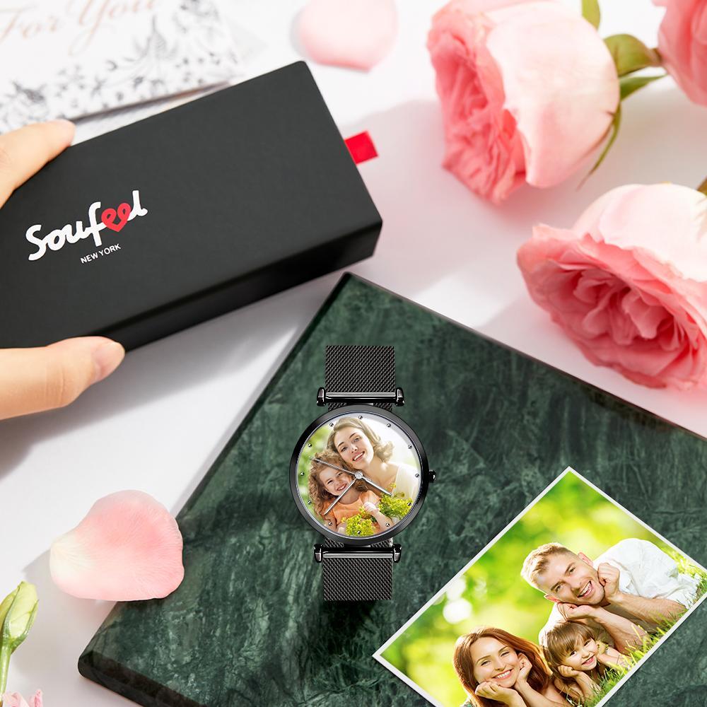 Engraved Photo Watch Alloy Bracelet Strap Black 41mm Men's
