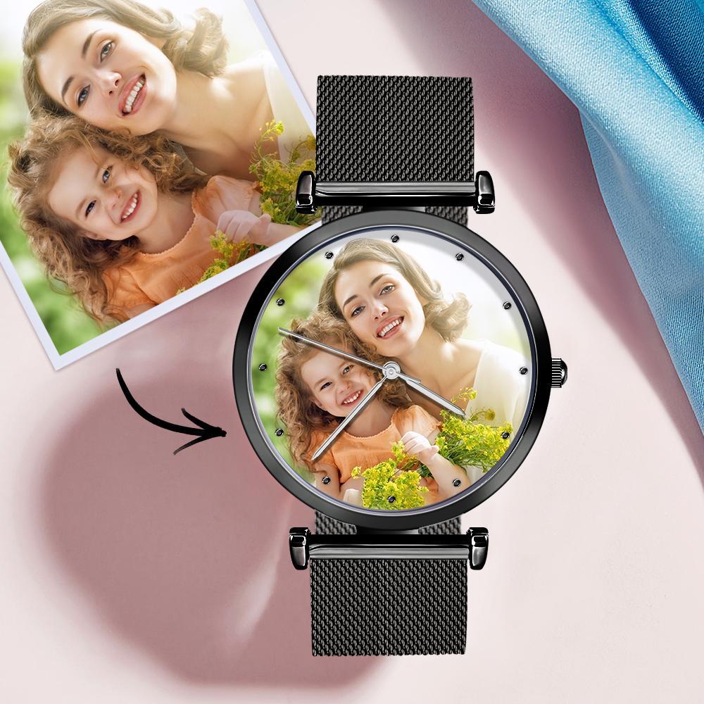Engraved Photo Watch Alloy Bracelet Strap Black 41mm Men's