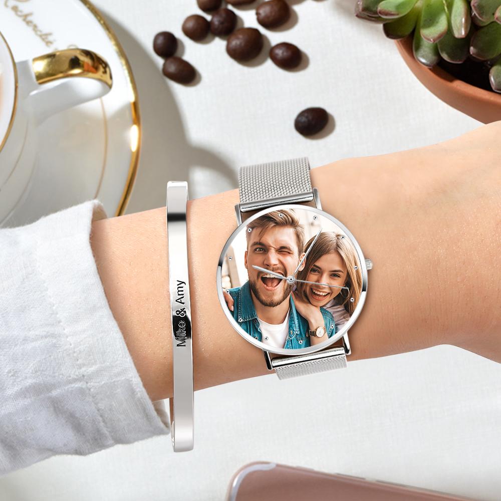 Women's Engraved Calendar Alloy Bracelet Photo Watch 36mm for Mom