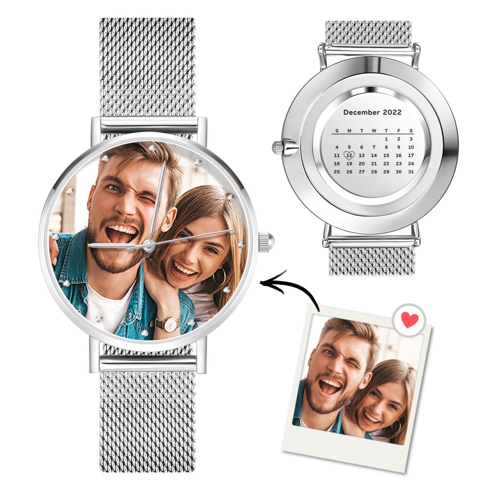 Women's Engraved Calendar Alloy Bracelet Photo Watch 36mm