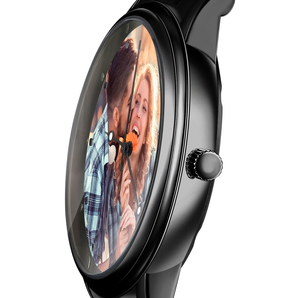 Men's Engraved Photo Watch Calendar Black Alloy Bracelet Gift for Couple