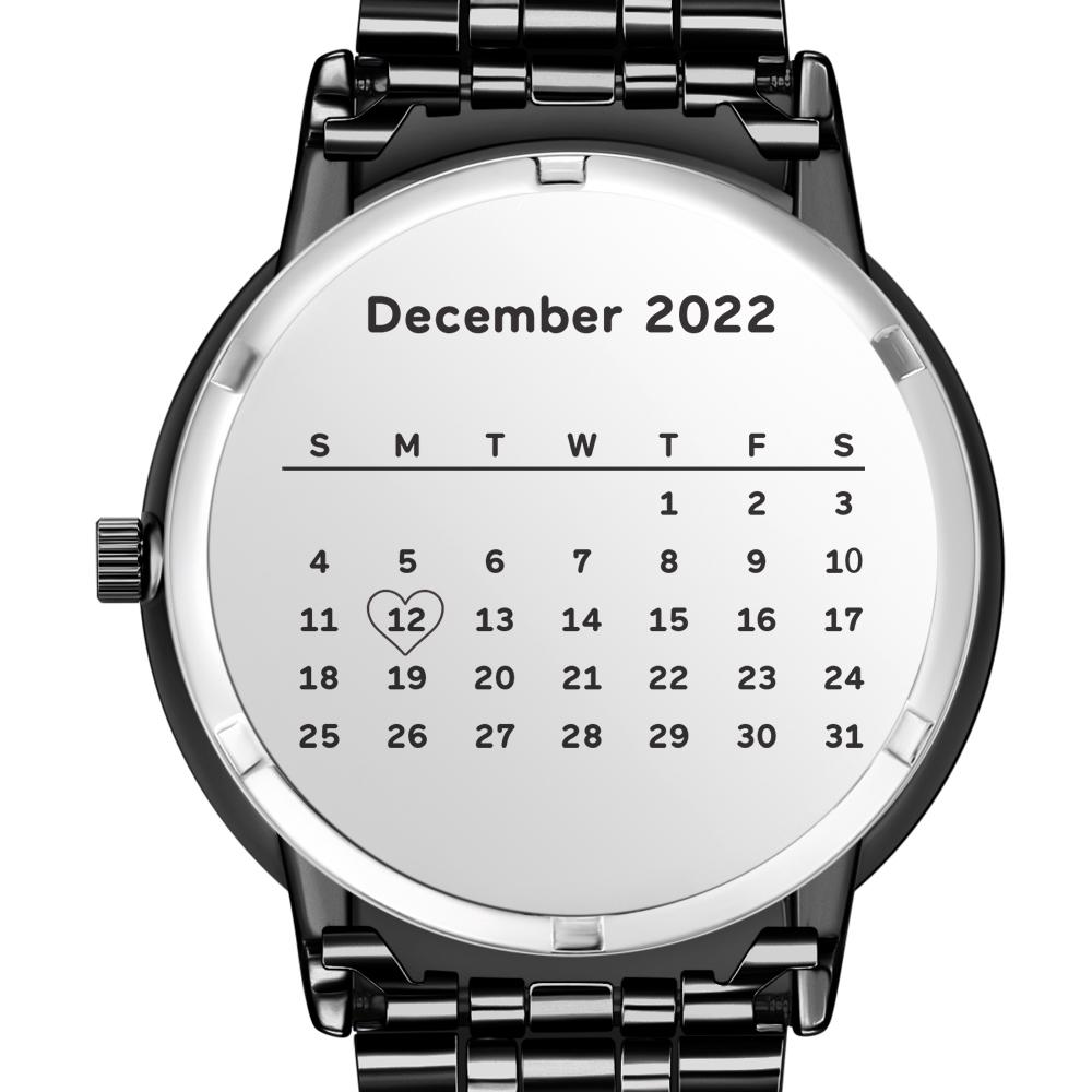 Men's Engraved Photo Watch Calendar Black Alloy Bracelet Gift for Couple