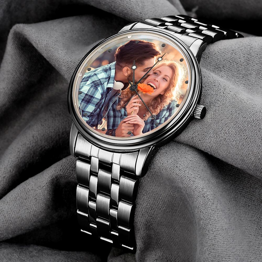 Men's Engraved Photo Watch Calendar Black Alloy Bracelet Gift for Couple