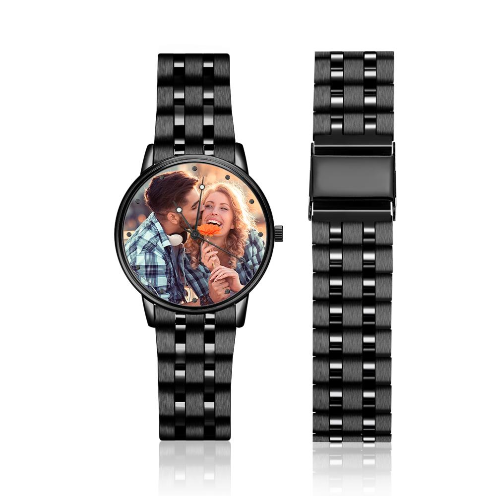 Men's Engraved Photo Watch Calendar Black Alloy Bracelet Gift for Couple