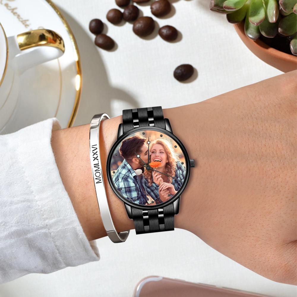 Men's Engraved Photo Watch Calendar Black Alloy Bracelet Gift for Couple