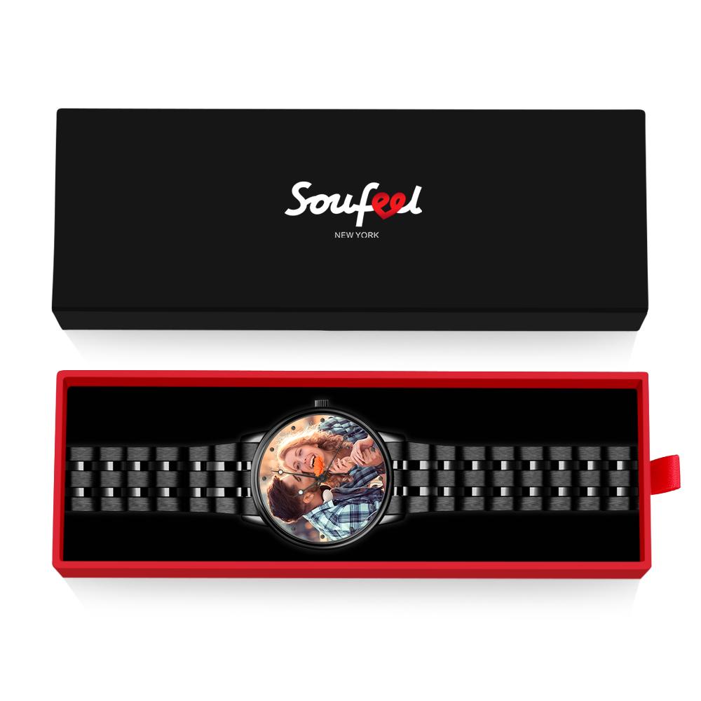 Men's Engraved Photo Watch Calendar Black Alloy Bracelet Gift for Couple