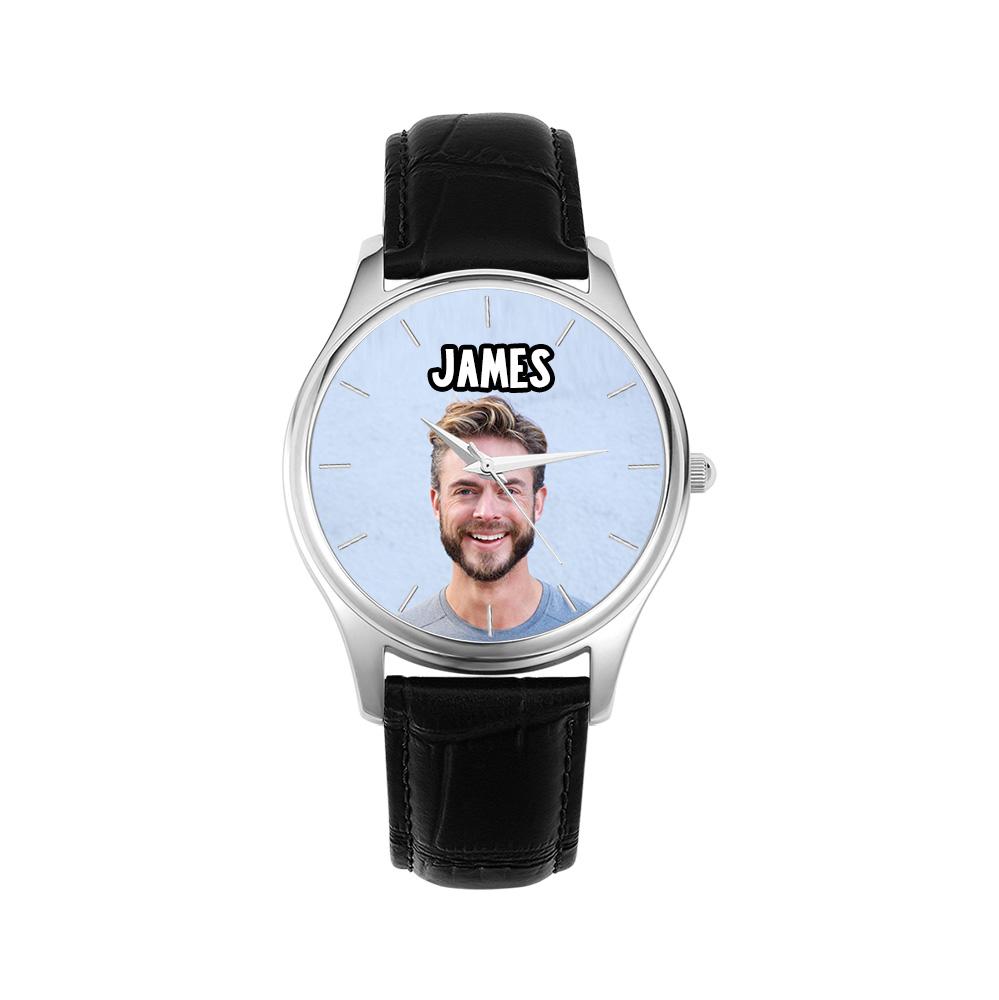 Custom Name Photo Watch 40mm Black Leather Strap Personalized Gift for Him