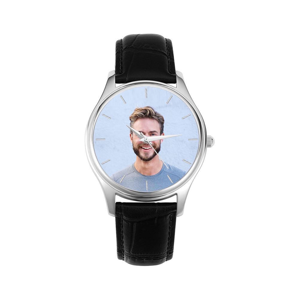 Custom Name Photo Watch 40mm Black Leather Strap Personalized Gift for Him