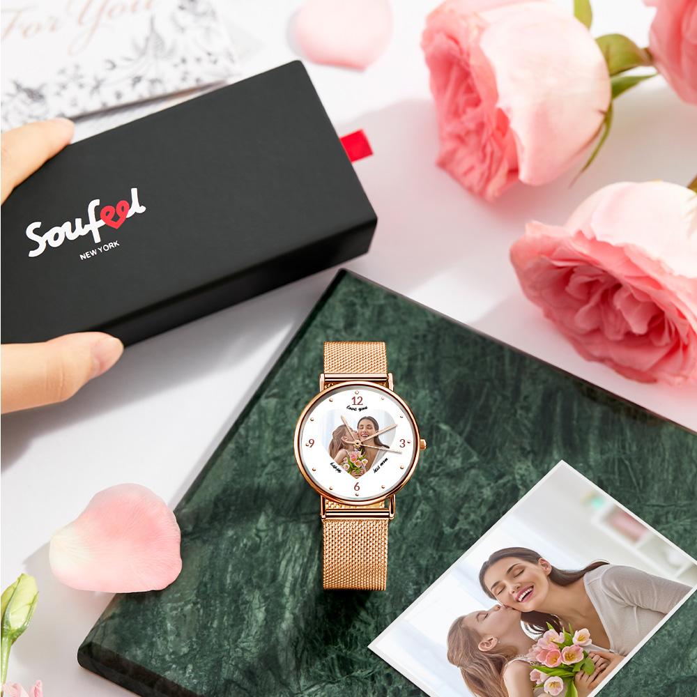 Engraved Rose Gold Alloy Bracelet Photo Watch 36mm Gifts for Mom
