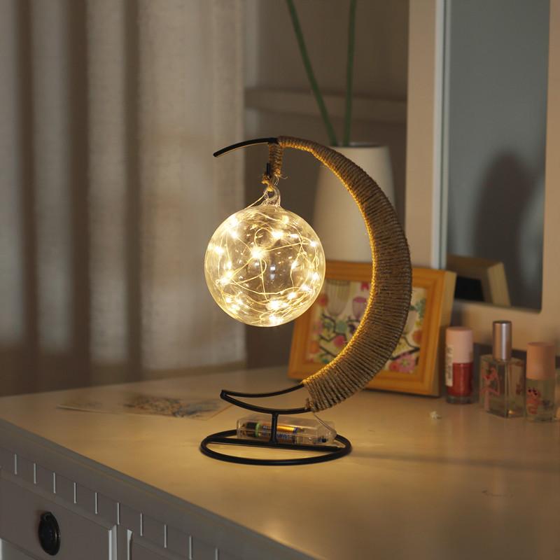 LED Moon Night Lights Line Rattan Handmade Hemp Rope Wrought Iron Home Decoration