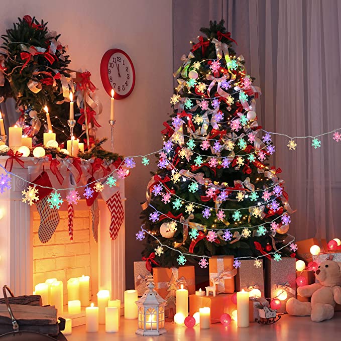 3 Lighting Colors Christmas Snowflake Decoration String Lights with Battery Operated Christmas Hanging Ornaments for Indoor Outdoor Holiday Christmas New Year Party Decorations