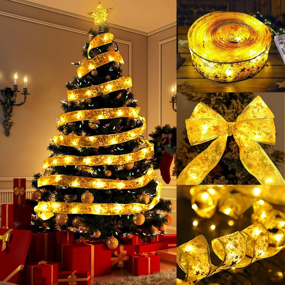 Christmas Fairy Lights Xmas Tree Ribbon Lights Copper Wire Ribbon Bows Lights for Holiday Party Decoration