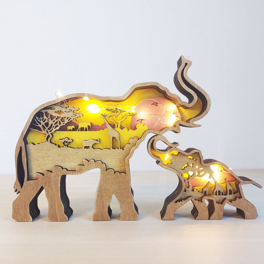 3D Wooden Elephant Light Wooden Carved Cute Animal Desktop Ornaments