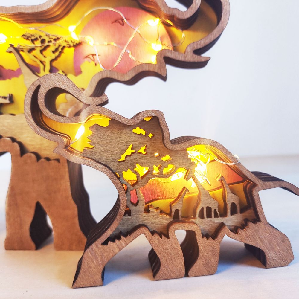 3D Wooden Elephant Light Wooden Carved Cute Animal Desktop Ornaments